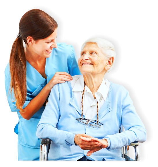 caregiver and senior woman sitting in the wheelchair smiling